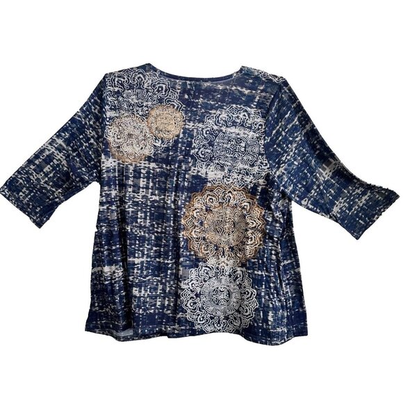Catherine’s Bejeweled Tunic Top 3/4 Sleeve Blue Gold Grey SZ 1X Plus - Picture 2 of 7